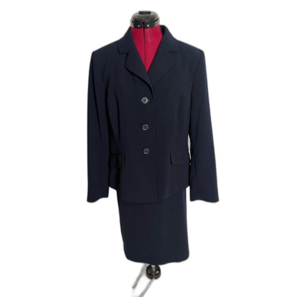 Kasper Skirt Suit Woman's Size 14P Navy Blue 2-Piece Set Blazer & Skirt